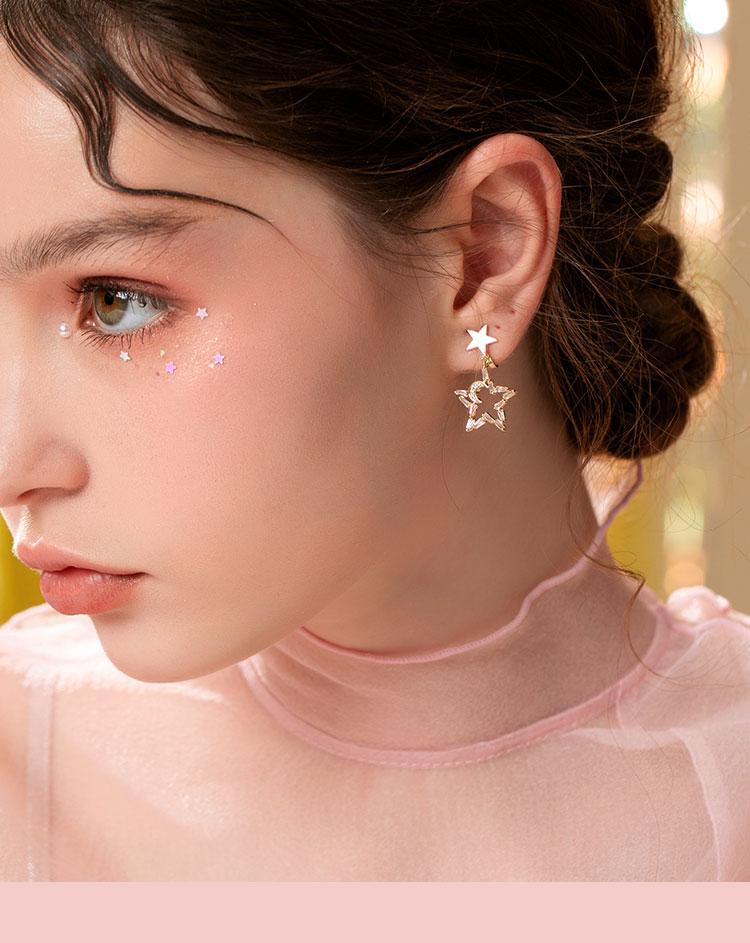 Japanese temperament little fairy five-pointed star moon crystal star moon earring earring without earhole painless earring everyday Joker - dianjiang-