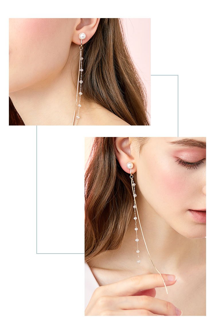 Super-long super-fairy cold light wind fairy round face thin crystal snake bone chain tassel earrings ear clip no ear hole girl - dianjiang-