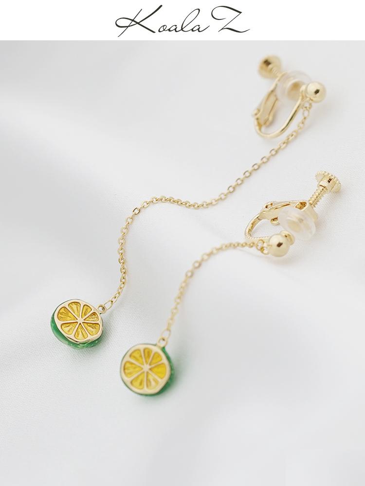 Hand glazed small fresh lemon long asymmetric earrings earrings ear clip without ear hole female lovely Korean - dianjiang-