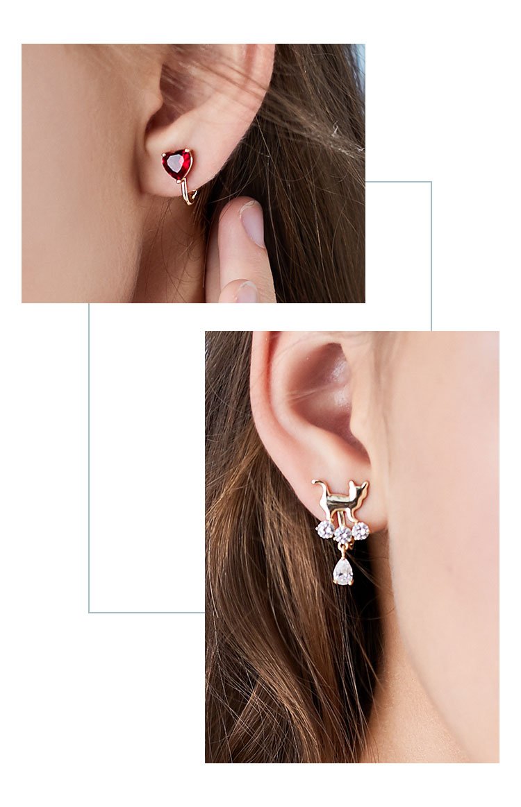 Japanese small fresh asymmetry chic red diamond love cat ear nail earrings no ear hole female - dianjiang-