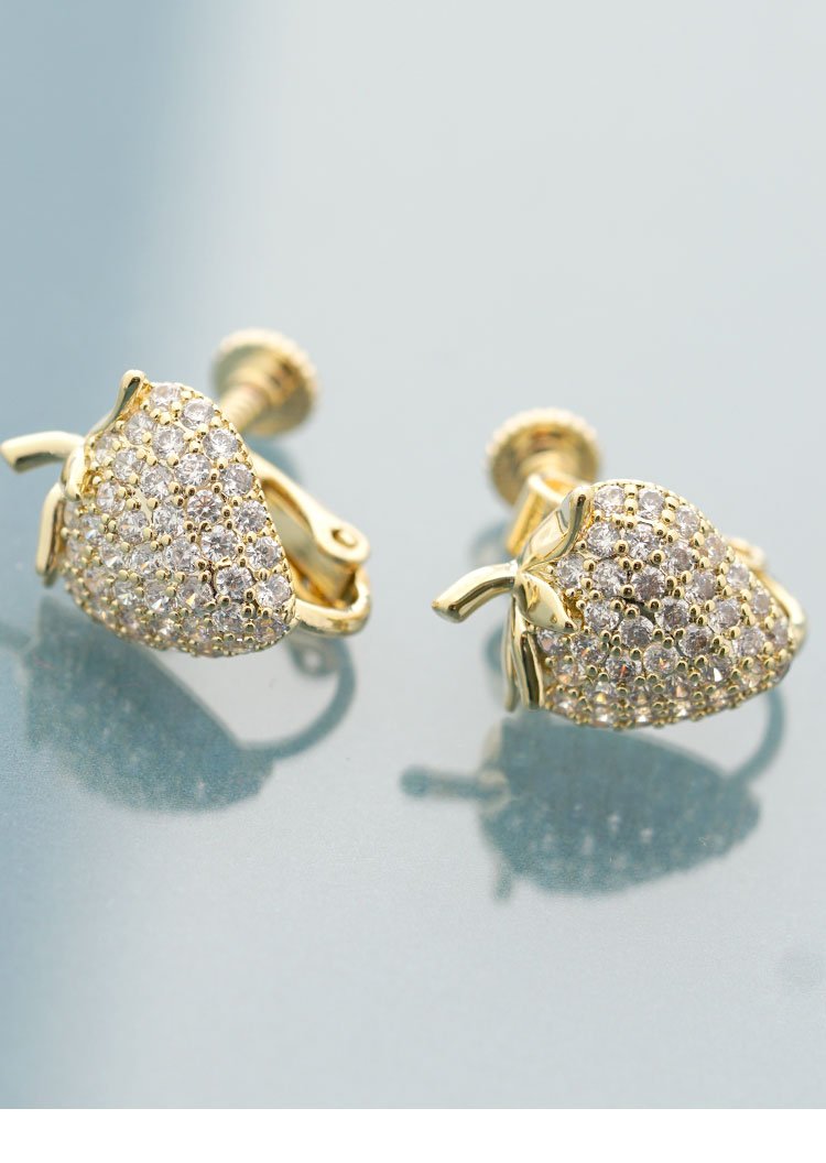 Delicate, shiny, sweet and lovely gold full rhinestone small strawberry zircon earring earring without earhole earring clip age - dianjiang-