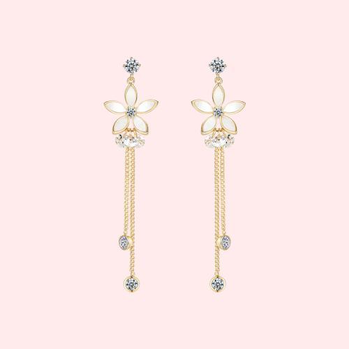 Gentle temperament, metal shell, flower, crystal tassel, ear stud, no ear hole, no pain - dianjiang-