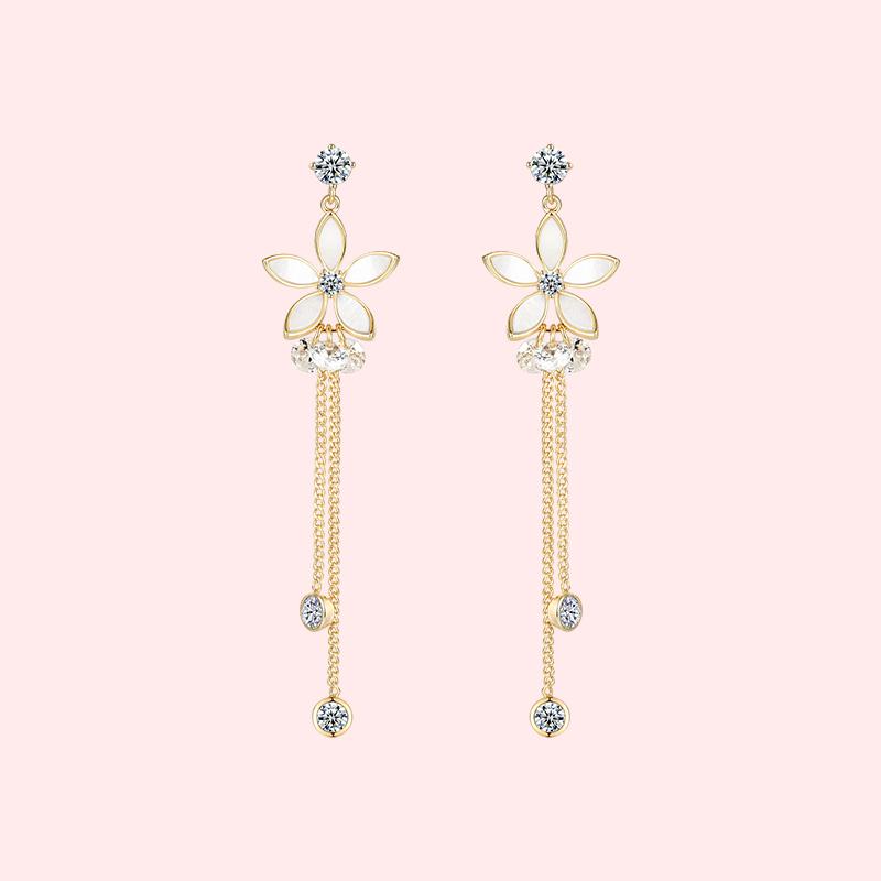 Gentle temperament, metal shell, flower, crystal tassel, ear stud, no ear hole, no pain - dianjiang-