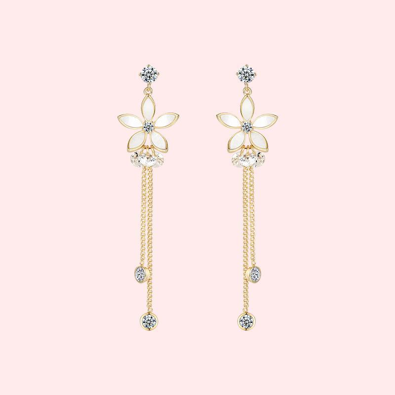 Gentle temperament, metal shell, flower, crystal tassel, ear stud, no ear hole, no pain - dianjiang-