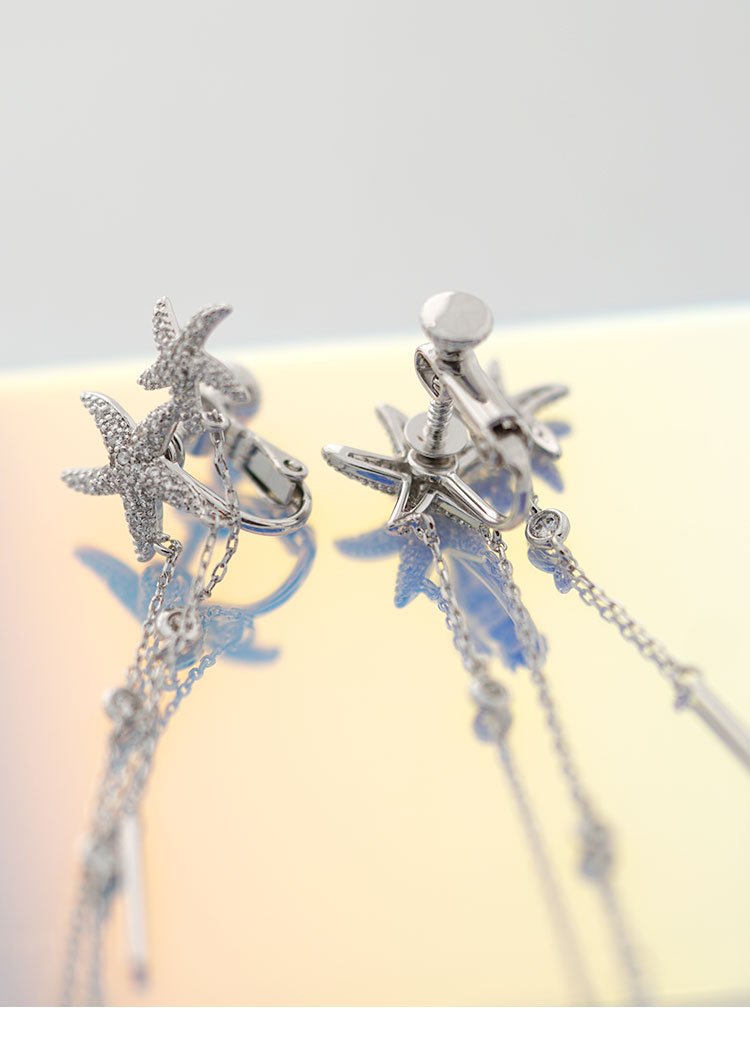 Silver stitched starfish zircon polyfluid su temperament ear nail earrings painless earless hole adjustable ear clip female daily - dianjiang-