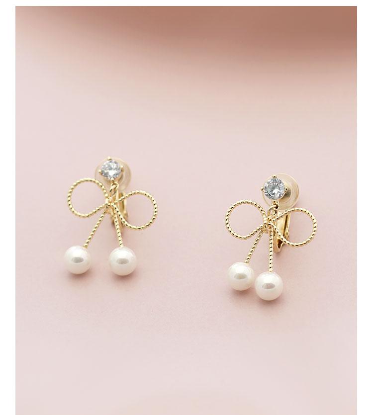 Cute metal bow, zircon, small pearl, delicate earnail, no ear hole, no pain, ear clip, women's daily versatility - dianjiang-