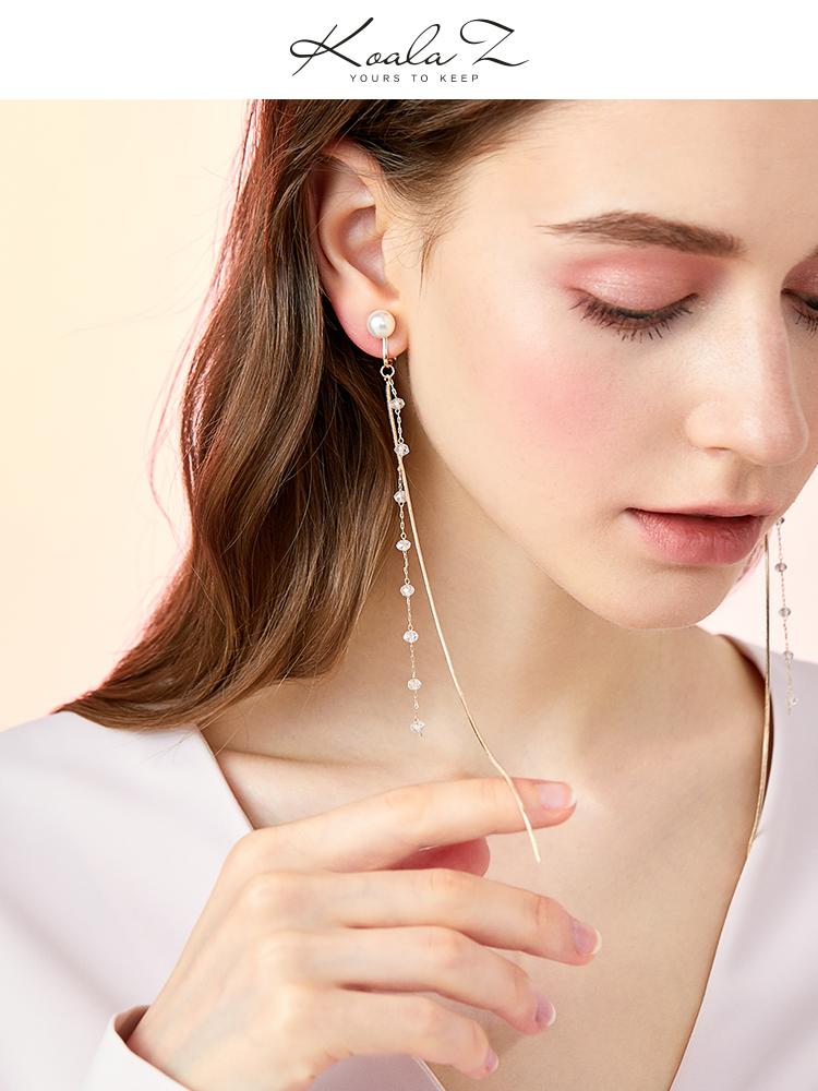 Super-long super-fairy cold light wind fairy round face thin crystal snake bone chain tassel earrings ear clip no ear hole girl - dianjiang-