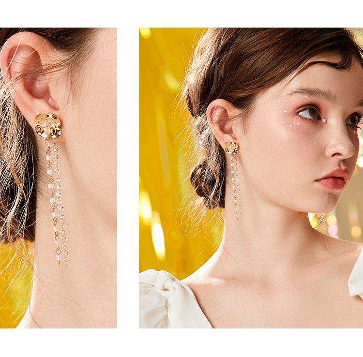 Long metal flower crystal tassel temperament Earrings without earholes and earclips for women without pain - dianjiang-