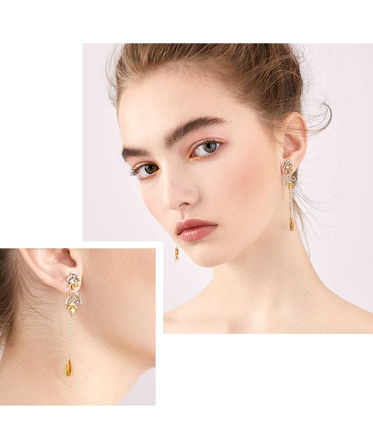 Super-Immortal Heavy Industry hand-made asymmetrical hollowed-out inlaid yellow drill tassel water drop flower earrings ear clip no ear hole girl - dianjiang-