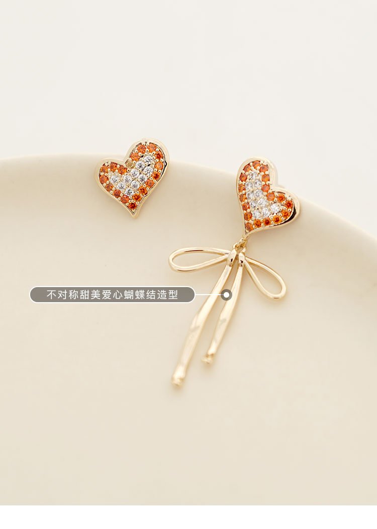 Asymmetric design of warm heart color in winter sweet love bow tie with diamond earrings painless earhole free earclip female - dianjiang-
