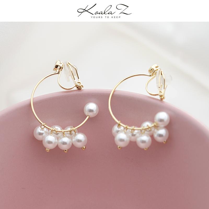 Designed semi-circular metal coil pearl earrings no ear hole ear clip woman's daily fresh cute personality - dianjiang-