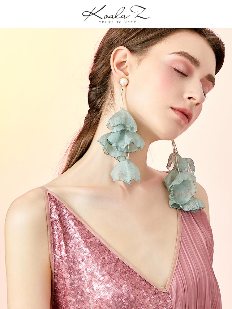 Imported Korea elegant fabric summer fresh chiffon fabric flowers long tassel earrings ear clip without ear holes - dianjiang-