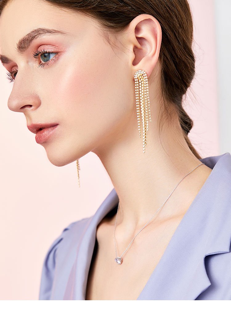 Glittering and luxurious multi-layer dinner style with diamond metal tassel long earrings and ear clips without earholes, female exaggeration in Europe and America - dianjiang-