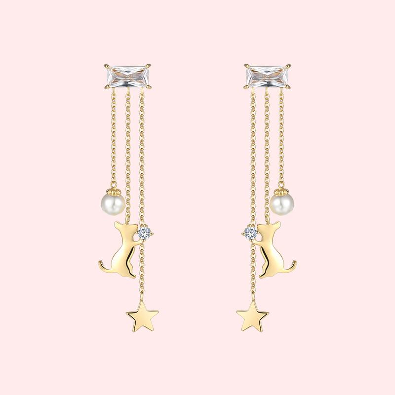 Japanese new multi tassel long kitten star imitation pearl earring earring clip earless female lovely - dianjiang-