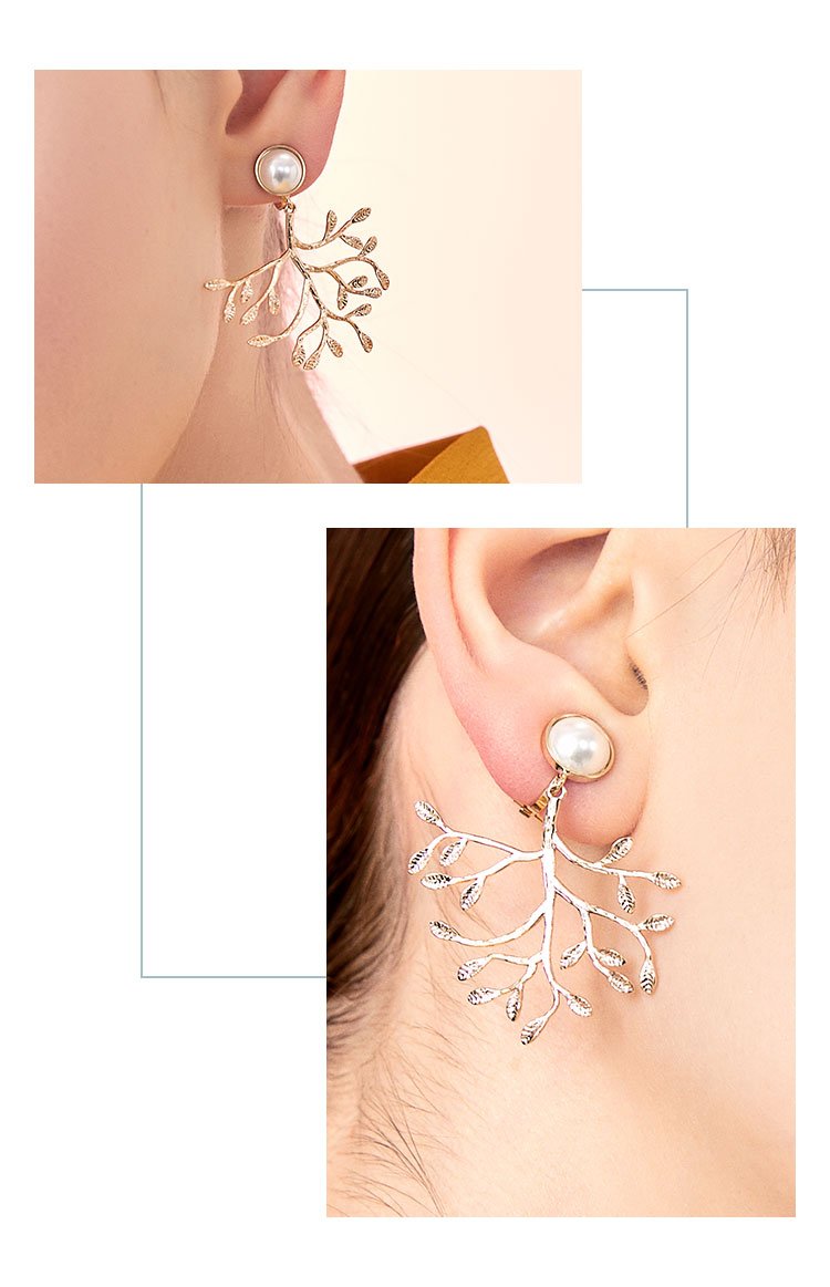 European and American exaggerated thin pearl metal tree leaf ear stud earrings no ear hole ear clip female personality - dianjiang-