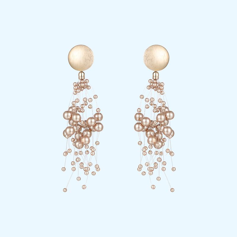 European and American personality exaggeration star champagne pearl grape string Earrings ear clip earless female long tassel round face - dianjiang-