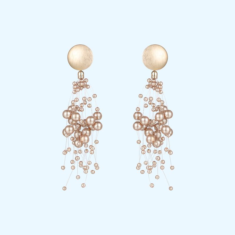 European and American personality exaggeration star champagne pearl grape string Earrings ear clip earless female long tassel round face - dianjiang-