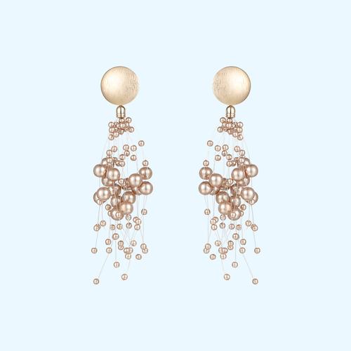 European and American personality exaggeration star champagne pearl grape string Earrings ear clip earless female long tassel round face - dianjiang-
