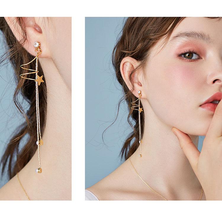 Round face slimming simple metal spiral curve stars double tassel earrings ear clip without ear hole female - dianjiang-