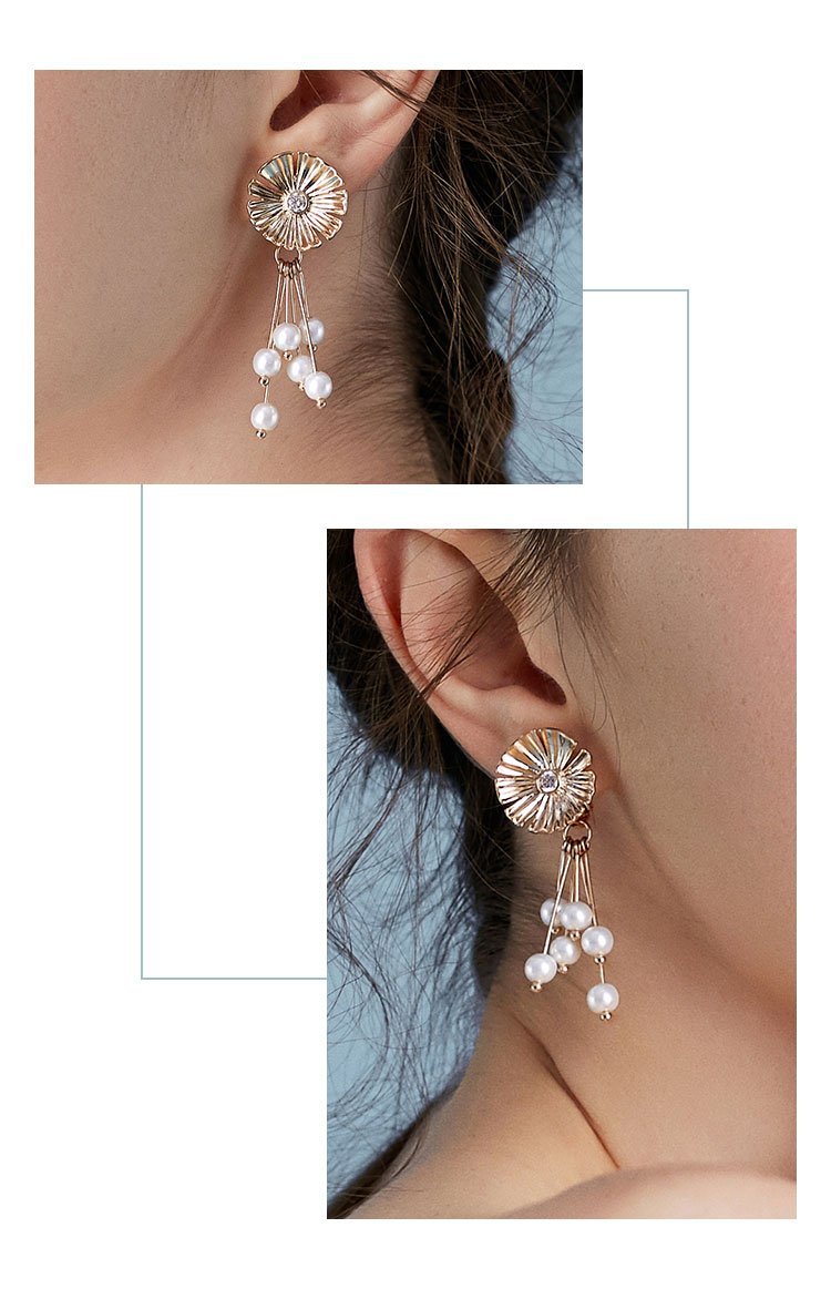 Fresh and gentle daisy flowers, sun flowers, pearl earrings, no ear holes, no pain for women - dianjiang-