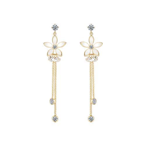 Gentle temperament, metal shell, flower, crystal tassel, ear stud, no ear hole, no pain - dianjiang-
