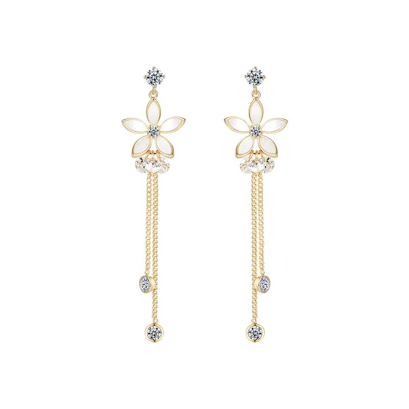 Gentle temperament, metal shell, flower, crystal tassel, ear stud, no ear hole, no pain - dianjiang-