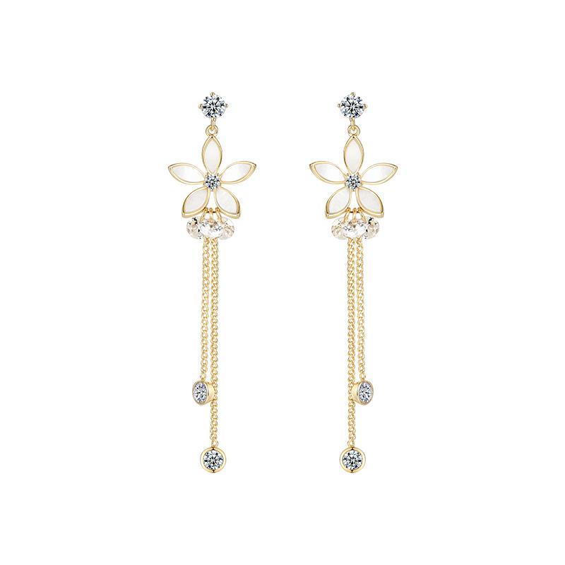 Gentle temperament, metal shell, flower, crystal tassel, ear stud, no ear hole, no pain - dianjiang-