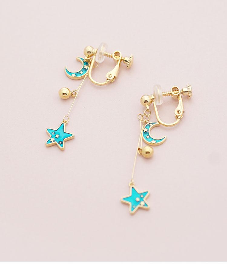 Japanese new products original design hand made blue glass texture glaze star moon earrings ear clip no ear hole girl - dianjiang-