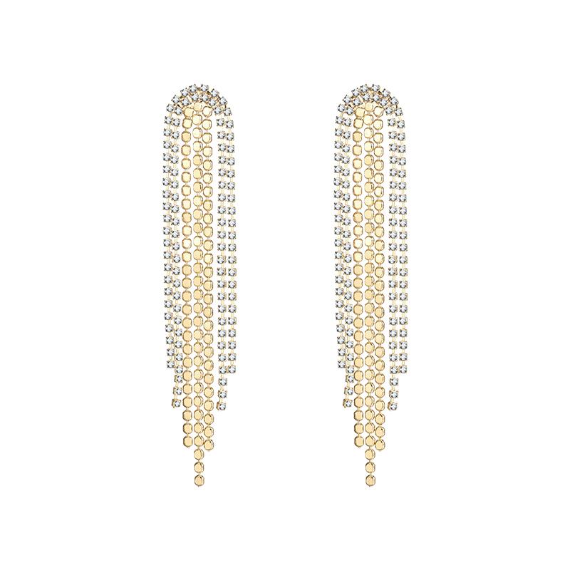 Glittering and luxurious multi-layer dinner style with diamond metal tassel long earrings and ear clips without earholes, female exaggeration in Europe and America - dianjiang-