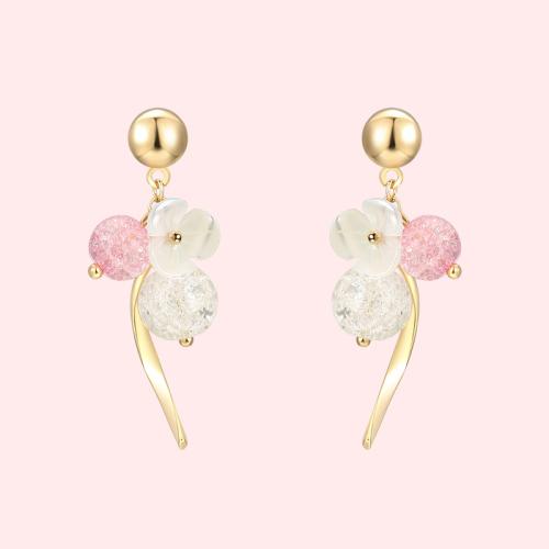 High grade natural shell, pink crystal, popping flower, curved earring, no earhole, no pain, ear clip, female Japan - dianjiang-