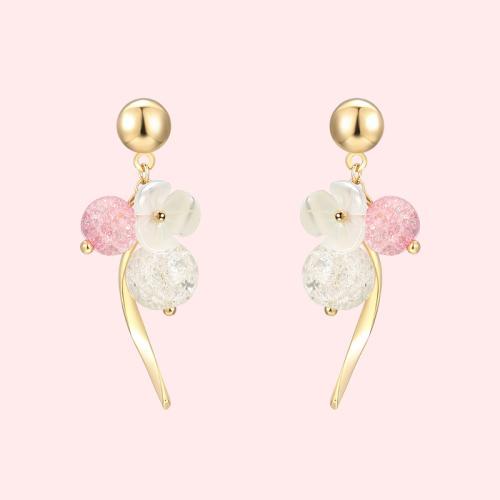 High grade natural shell, pink crystal, popping flower, curved earring, no earhole, no pain, ear clip, female Japan - dianjiang-
