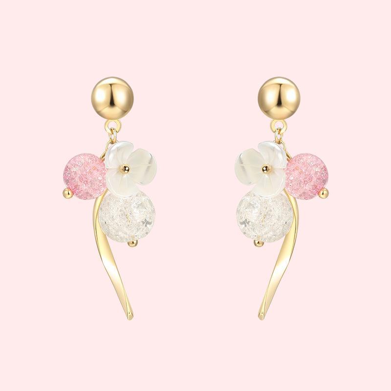 High grade natural shell, pink crystal, popping flower, curved earring, no earhole, no pain, ear clip, female Japan - dianjiang-