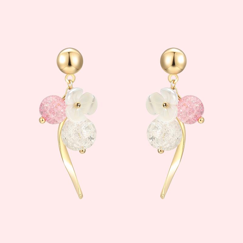 High grade natural shell, pink crystal, popping flower, curved earring, no earhole, no pain, ear clip, female Japan - dianjiang-