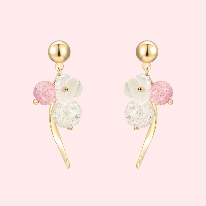 High grade natural shell, pink crystal, popping flower, curved earring, no earhole, no pain, ear clip, female Japan - dianjiang-