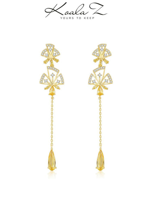 Super-Immortal Heavy Industry hand-made asymmetrical hollowed-out inlaid yellow drill tassel water drop flower earrings ear clip no ear hole girl - dianjiang-