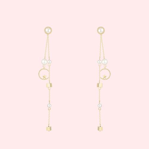 长款冷淡风 圆脸显瘦五角星星月亮珍珠金属流苏耳环无耳洞耳夹女 - dianjiang-