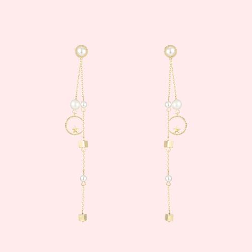 长款冷淡风 圆脸显瘦五角星星月亮珍珠金属流苏耳环无耳洞耳夹女 - dianjiang-