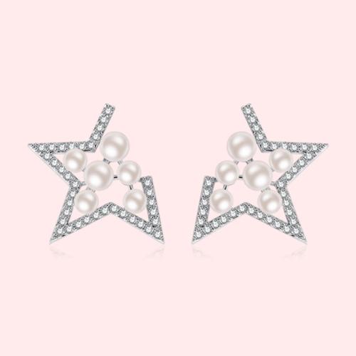Europe and America Atmospheric exaggeration hollowed-out zircon crystal pearl missing angle pentagram ear clip Earless women's painless package - dianjiang-