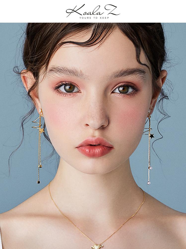 Round face slimming simple metal spiral curve stars double tassel earrings ear clip without ear hole female - dianjiang-