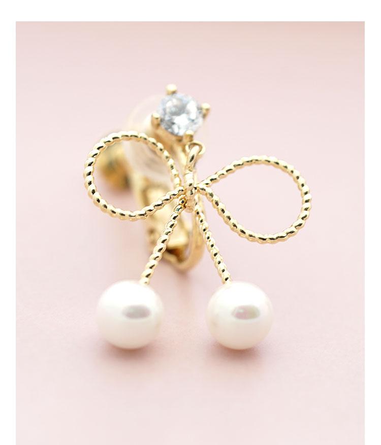 Cute metal bow, zircon, small pearl, delicate earnail, no ear hole, no pain, ear clip, women's daily versatility - dianjiang-