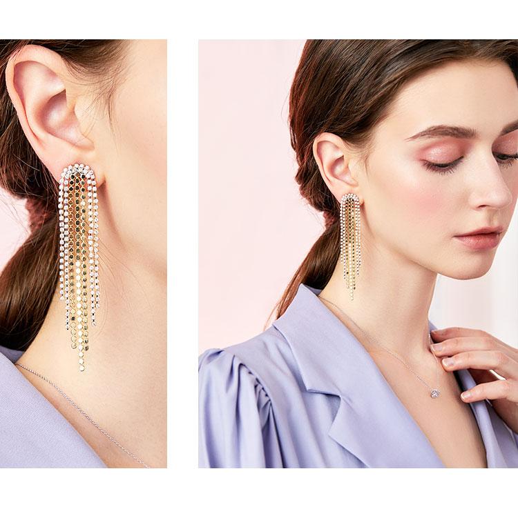 Glittering and luxurious multi-layer dinner style with diamond metal tassel long earrings and ear clips without earholes, female exaggeration in Europe and America - dianjiang-