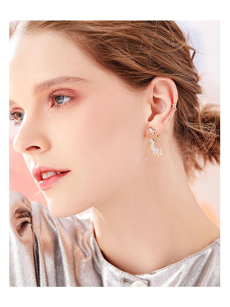 Adorable pink pink girl's heart asymmetrical metal full of diamond unicorn ear pendant earrings no ear socket clip - dianjiang-