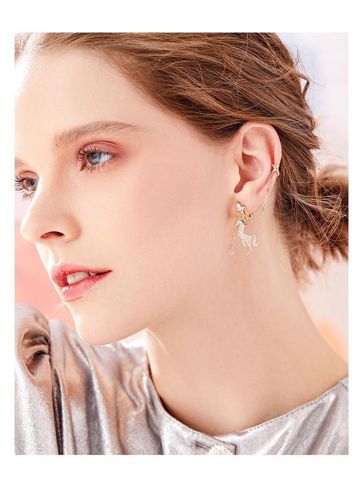 Cute dreamy pink girl heart asymmetric metal full diamond unicorn ear-hook earrings without ear-hole earrings - dianjiang-