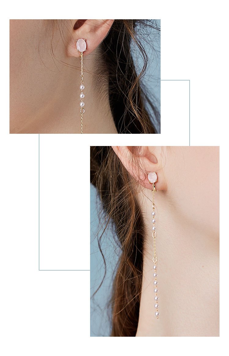 Gentle protein powder Long pink crystal pearl tassel earrings no ear hole female super fairy - dianjiang-