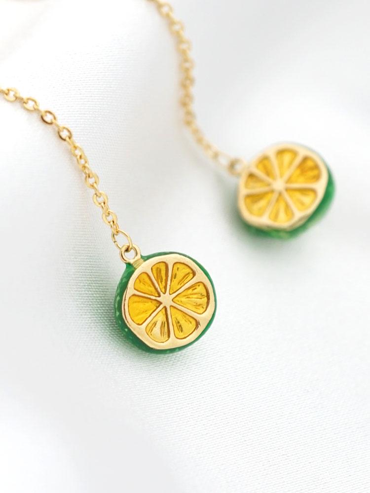 Hand glazed small fresh lemon long asymmetric earrings earrings ear clip without ear hole female lovely Korean - dianjiang-