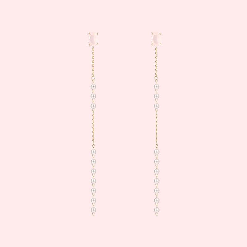 Gentle protein powder Long pink crystal pearl tassel earrings no ear hole female super fairy - dianjiang-