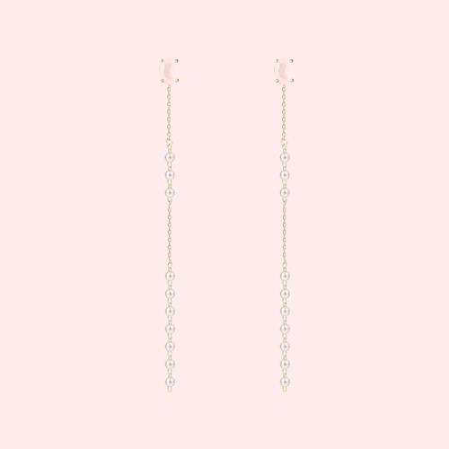 Gentle protein powder Long pink crystal pearl tassel earrings no ear hole female super fairy - dianjiang-