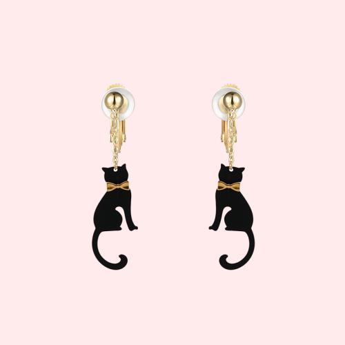 Personalized design sense Japanese order mysterious black cat elves earrings earrings without earholes earclip cute girl - dianjiang-
