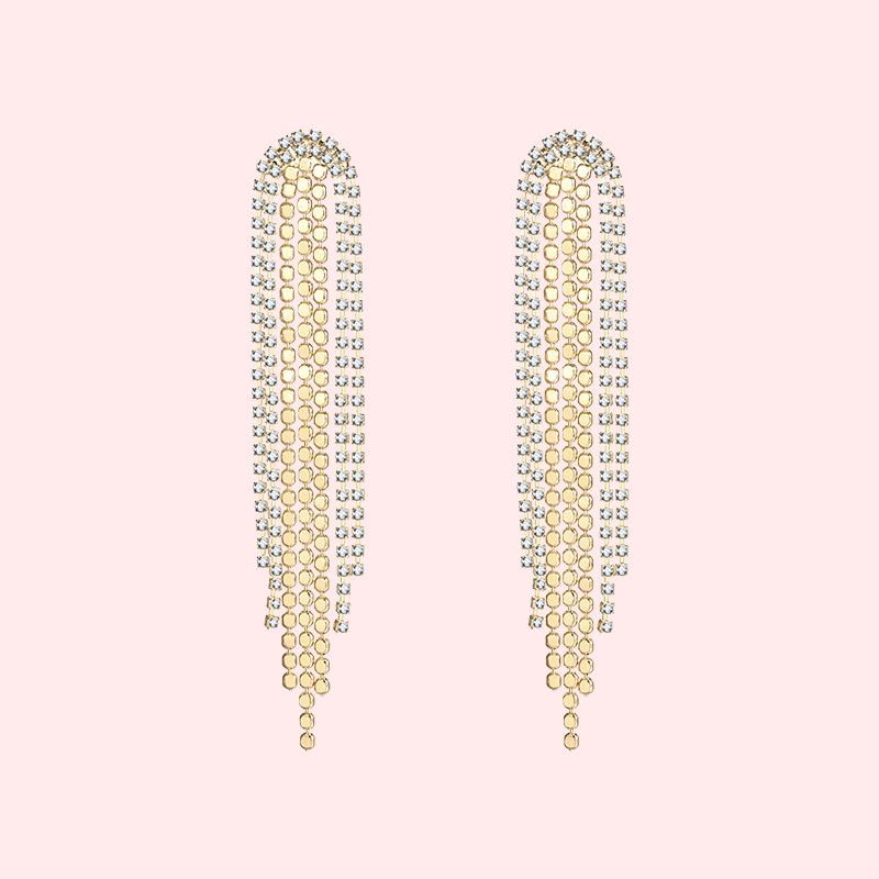 Glittering and luxurious multi-layer dinner style with diamond metal tassel long earrings and ear clips without earholes, female exaggeration in Europe and America - dianjiang-