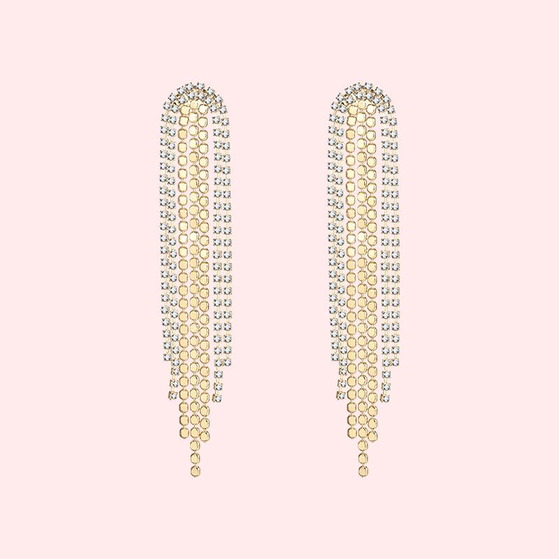 Glittering and luxurious multi-layer dinner style with diamond metal tassel long earrings and ear clips without earholes, female exaggeration in Europe and America - dianjiang-